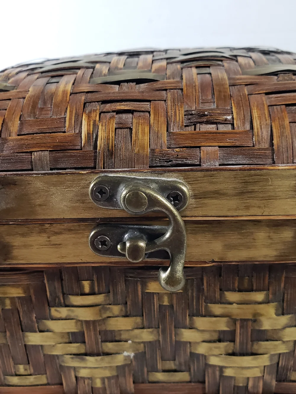 Vintage Woven Bamboo Basket Box Trunk Brass Trim Hardware Latch Boho Chest